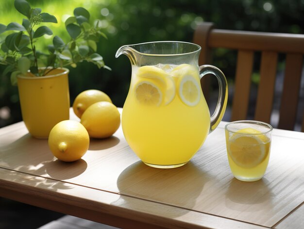 Una brocca di limonata si trova su un tavolo accanto a una brocca di limonata.