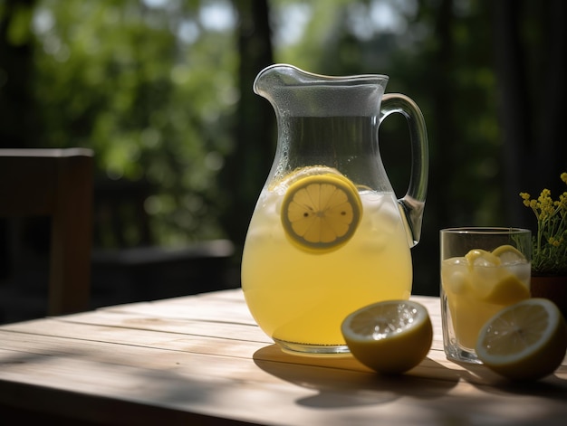 Una brocca di limonata si trova su un tavolo con sopra un bicchiere di limonata.