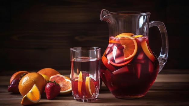 Una brocca di sangria con accanto fragole e fette d'arancia.