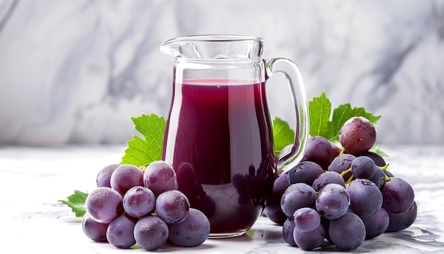 Una brocca di succo d'uva con un mucchio di frutta d'uva su un tavolo bianco