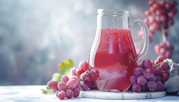 Una brocca di succo d'uva con un mucchio di frutta d'uva su un tavolo bianco