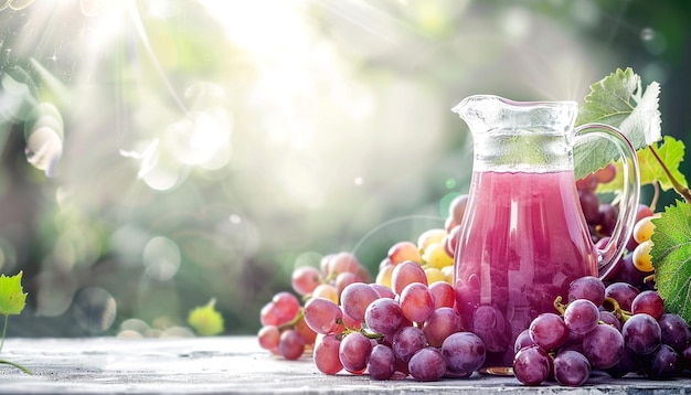 Una brocca di succo d'uva con un mucchio di frutta d'uva su un tavolo bianco