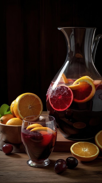 Una brocca di vino e una ciotola di frutta su un tavolo AI generativo