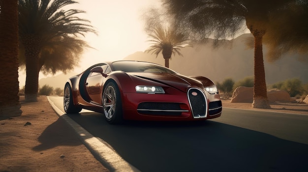 Una bugatti veyron rossa su una strada nel deserto