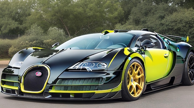 Una Bugatti veyron verde e nera con una vernice nera e gialla