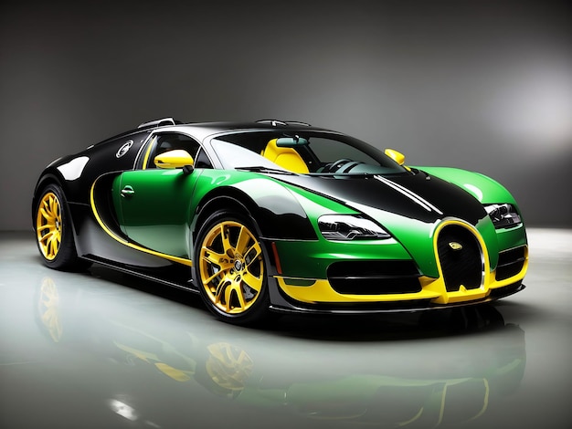 Una Bugatti Veyron verde e nera con vernice nera e gialla generata dall'IA