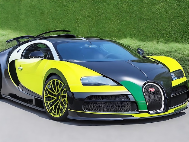 Una Bugatti Veyron verde e nera con vernice nera e gialla generata dall'IA