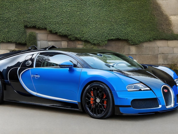 Una Bugatti Veyron vibrante e accattivante con una verniciatura nera e blu e un rivestimento verde lucido