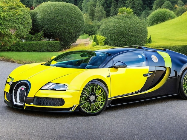 Una Bugatti Veyron vibrante e accattivante con una verniciatura nera e gialla e un rivestimento verde lucido