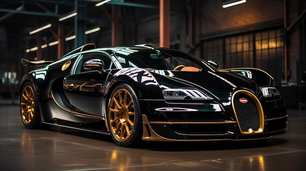 Una Bugatti Veyron vibrante e accattivante con una verniciatura nera e gialla e un rivestimento verde lucido