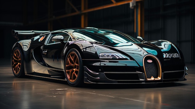 Una Bugatti Veyron vibrante e accattivante con una verniciatura nera e gialla e un rivestimento verde lucido