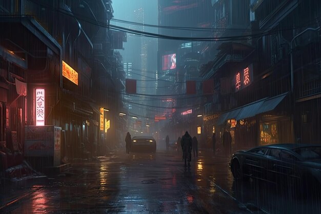 Una buia strada cittadina con un cartello che dice "cyberpunk".