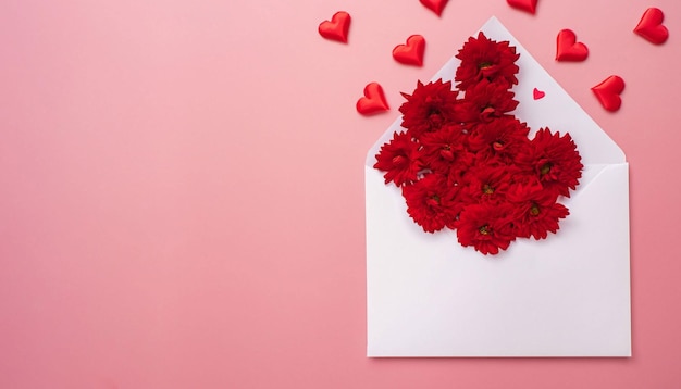 Una busta bianca con fiori rossi e un biglietto a forma di cuore.