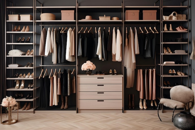 Una cabina armadio ben organizzata e ricca di un'ampia varietà di abiti e accessori alla moda