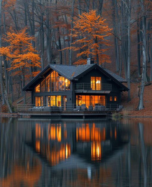 una cabina con il riflesso degli alberi nell'acqua generata dall'AI