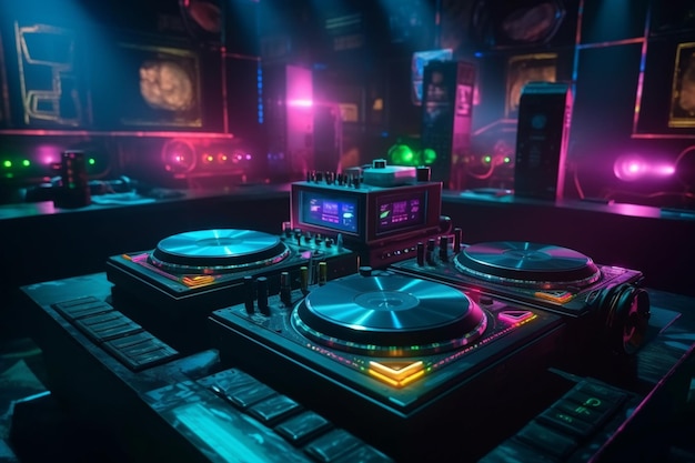 Una cabina da dj con una luce al neon e un cartello che dice "dj"