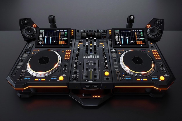 Una cabina DJ con giradischi digitali e mixaggio soft generative ai
