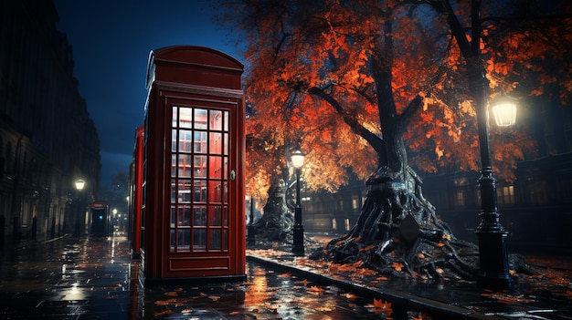 Una cabina telefonica britannica all'antica in una strada trafficata Generative Ai