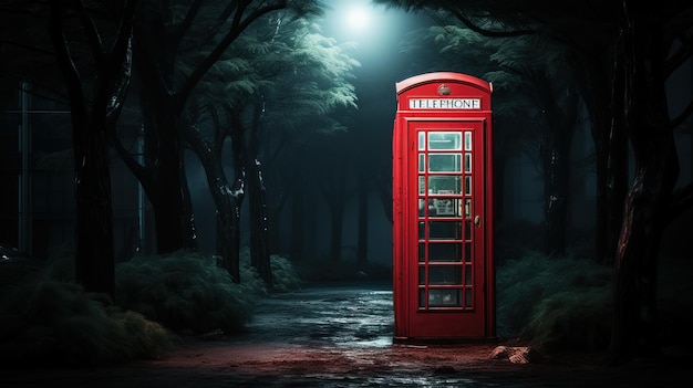 una cabina telefonica rossa al buio con una luna piena dietro