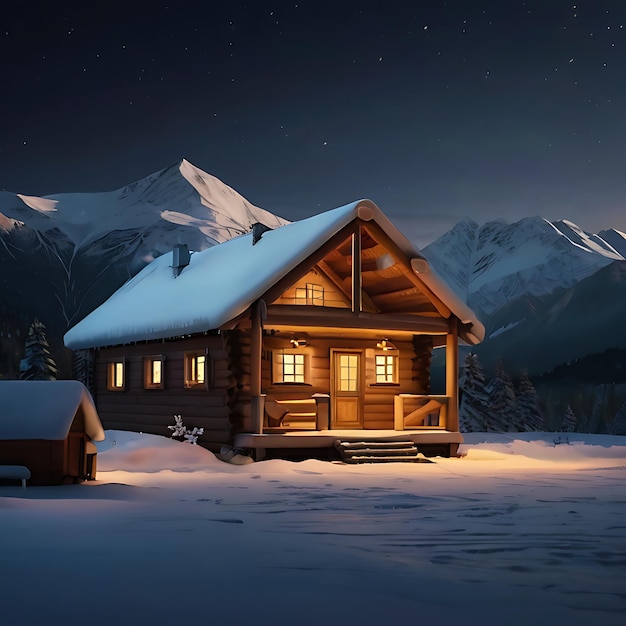 una cabina ultrarealista con luce calda all'interno su una montagna innevata di notte generata dall'AI