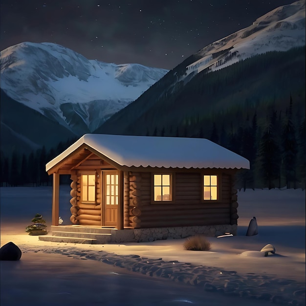 una cabina ultrarealista con luce calda all'interno su una montagna innevata di notte generata dall'AI