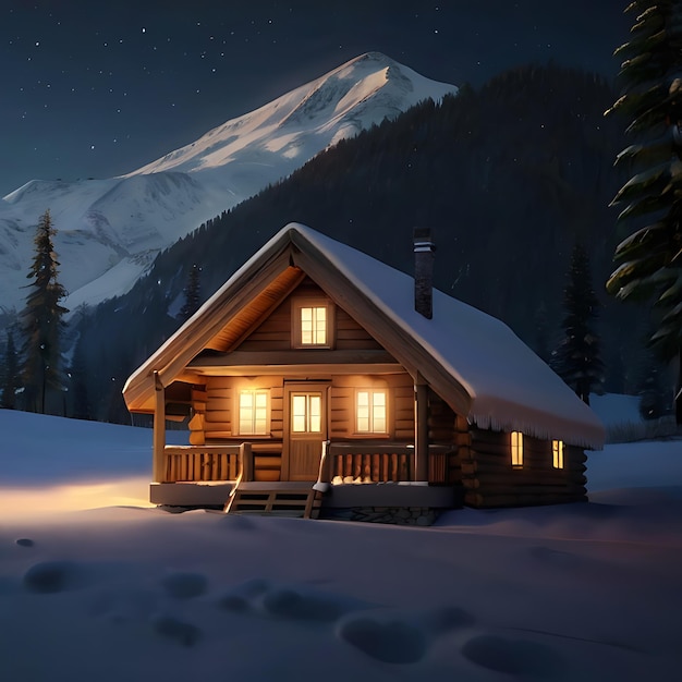 una cabina ultrarealista con luce calda all'interno su una montagna innevata di notte generata dall'AI