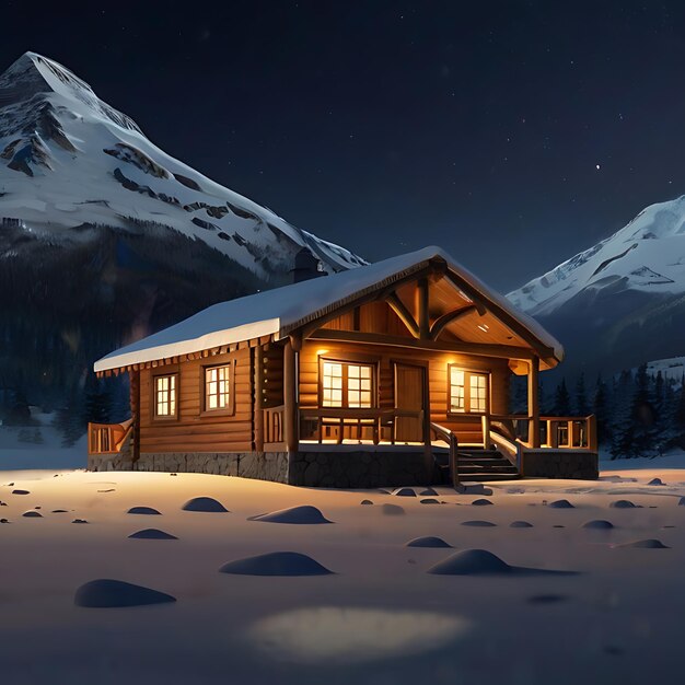 una cabina ultrarealista con luce calda all'interno su una montagna innevata di notte generata dall'AI