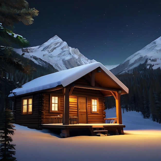 una cabina ultrarealista con luce calda all'interno su una montagna innevata di notte generata dall'AI