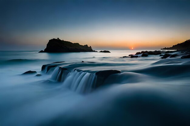 Una caduta d'acqua è visibile in primo piano di un tramonto