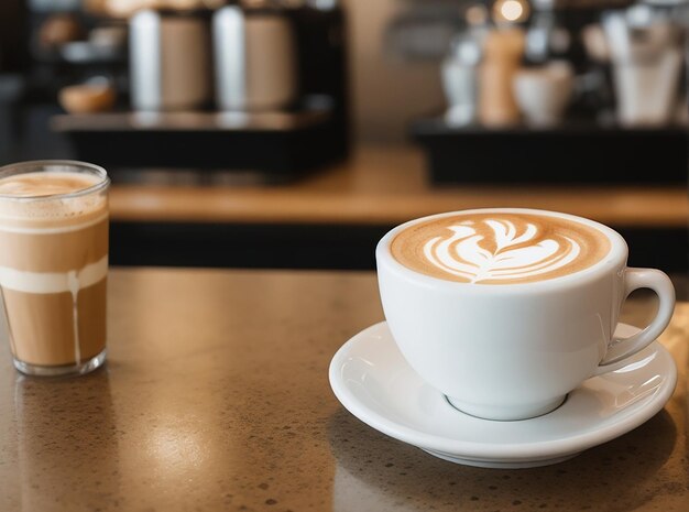 Una caffetteria con un cappuccino sul bancone con una tazza di caffè Delicious