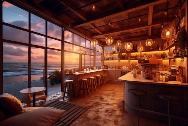 Una caffetteria con una bellissima vista del tramonto sulla spiaggia generativa ai