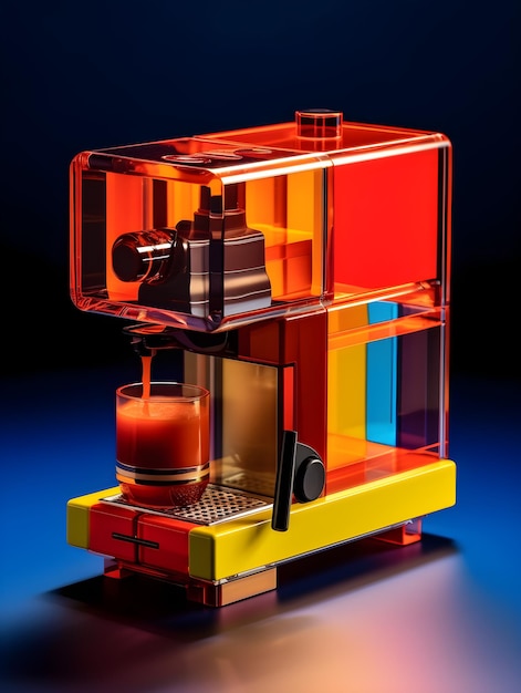 Una caffettiera colorata con un bicchiere sul davanti