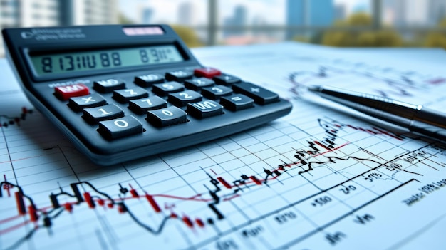 Una calcolatrice e una penna su una scrivania con un grafico finanziario sullo sfondo