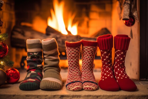 Una calda scena di Natale in famiglia catturata attraverso l'immagine accogliente di una famiglia di 39 anni con i piedi abbracciati