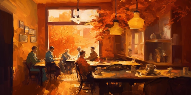 Una calda serata al caffè Un dipinto astratto in tonalità arancioni
