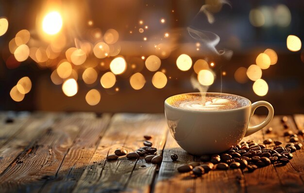 Una calda tazza di caffè invitante emette vapore su un rustico tavolo di legno in mezzo a chicchi di caffè sparsi con uno sfondo di luce bokeh