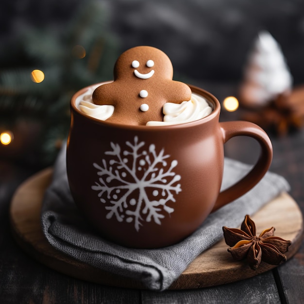 Una calda tazza di cioccolata calda con una bevanda invernale a base di pan di zenzero con luci festive bokeh