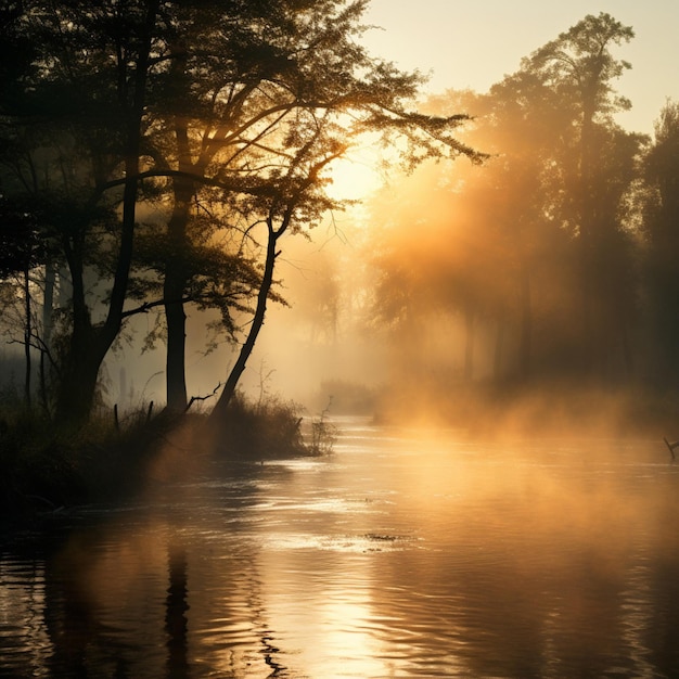 Una calma nebbia mattutina che si alza su un fiume tranquillo