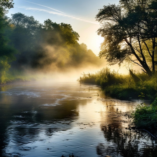 Una calma nebbia mattutina che si alza su un fiume tranquillo