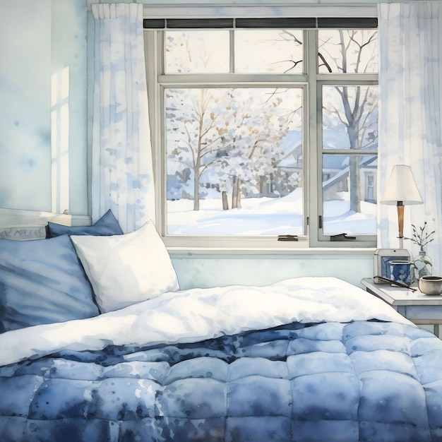 una camera con un letto e una finestra con la neve per terra