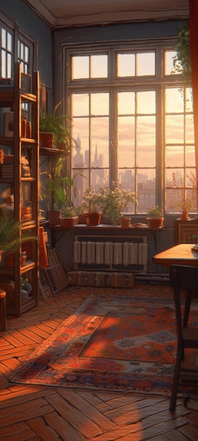 Una camera con vista su una città e una finestra con sopra una pianta.