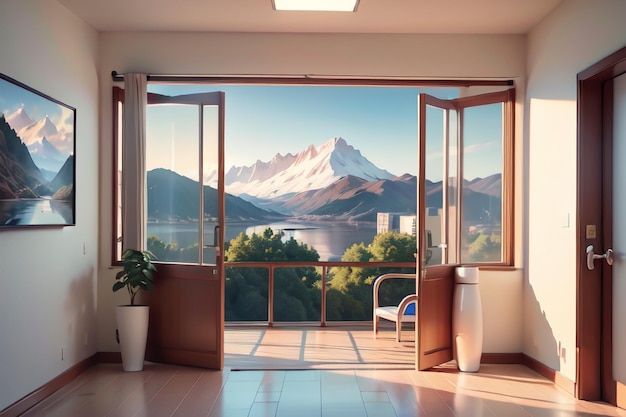 Una camera con vista su una montagna e una finestra che dice "una vista di una catena montuosa".
