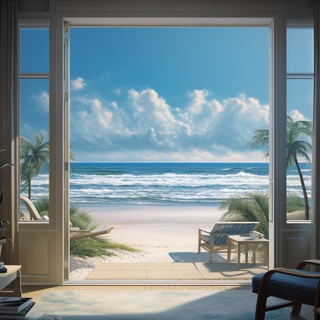 una camera con vista sull'oceano e una scena sulla spiaggia.