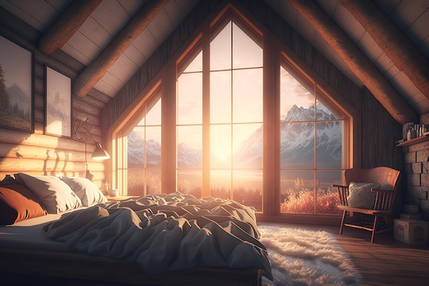Una camera con vista sulle montagne e sul sole