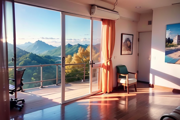Una camera con vista sulle montagne e una finestra