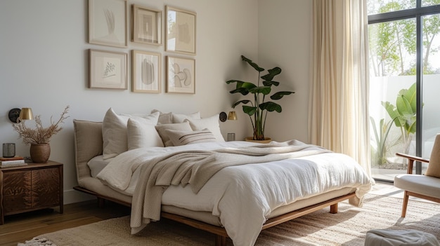 Una camera da letto ariosa con un letto a piattaforma, lenzuola bianca e una parete di galleria minimalista