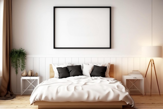 Una camera da letto bianca con un quadro incorniciato sul muro