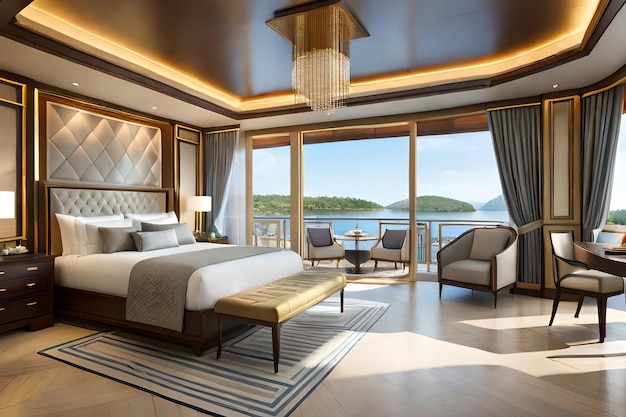 Una camera da letto con balcone e un balcone con vista sul mare.