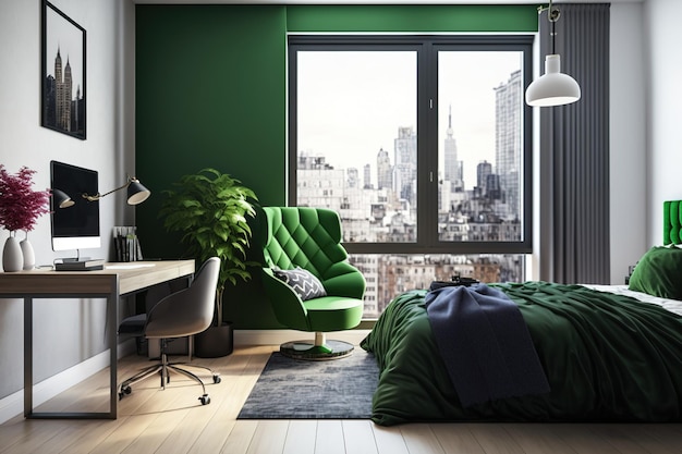 Una camera da letto con biancheria da letto moquette e pavimento in parquet una vista laterale della città con una poltrona reclinabile verde e un computer portatile su un tavolo
