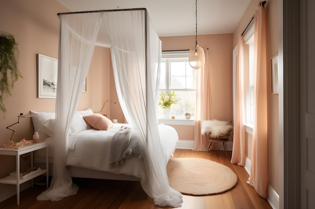 Una camera da letto con letto a baldacchino e finestra con vista sul giardino.